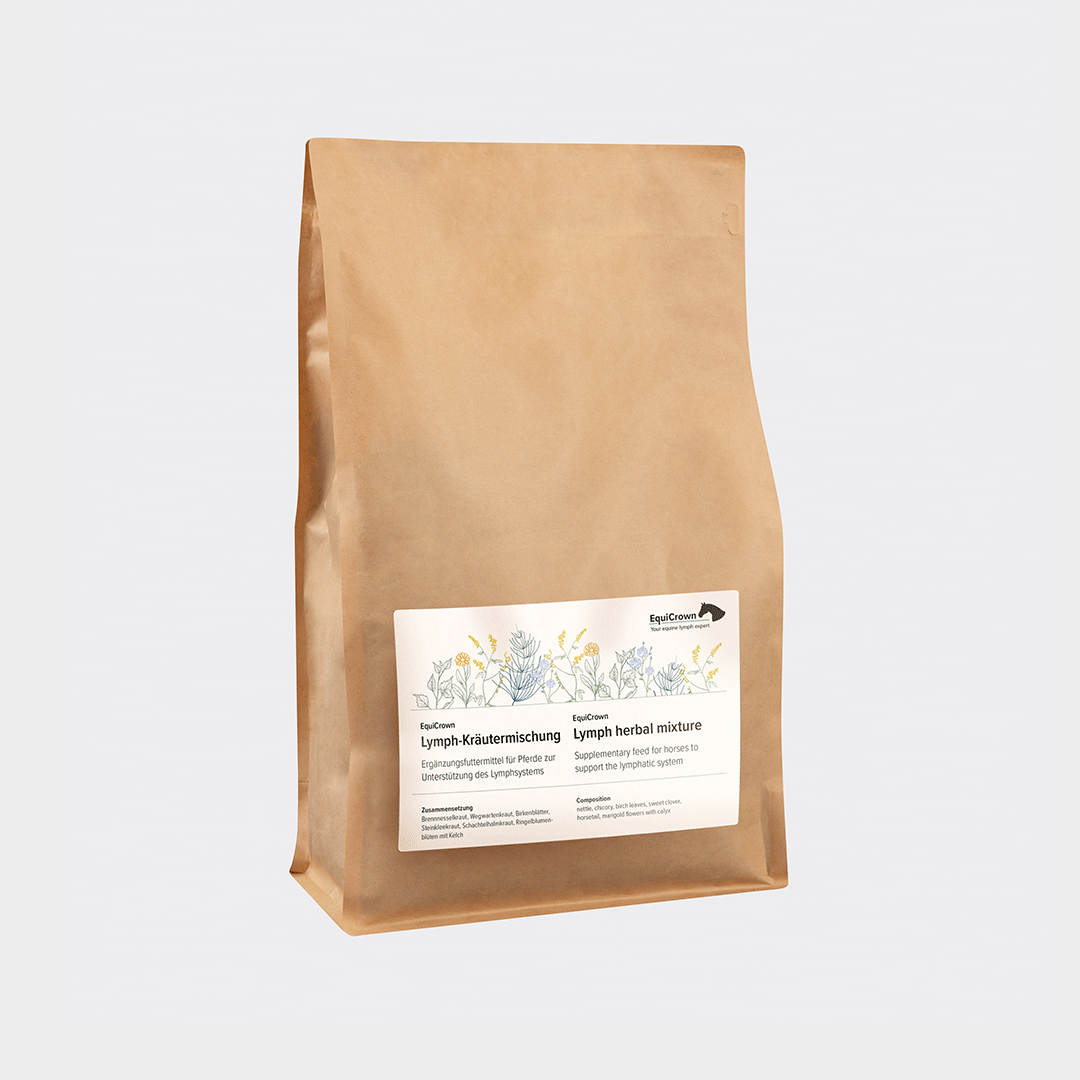 Produktbild der EquiCrown Lymph-Kräutermischung Verpackung auf grauem Hintergrund